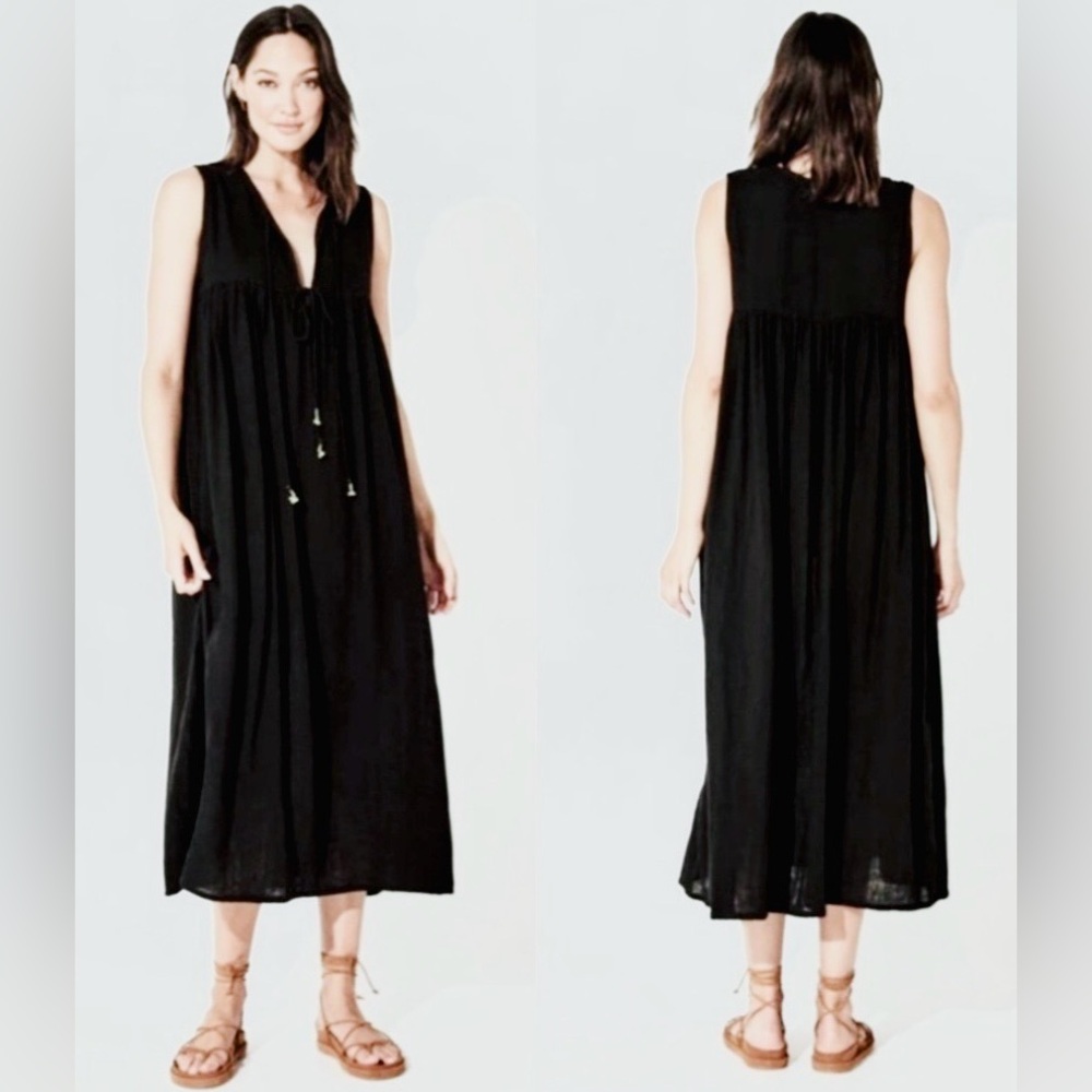 Daughters of India Aalia Black Cotton Gauze Midi Dress Sleeveless Oversize Sz XS